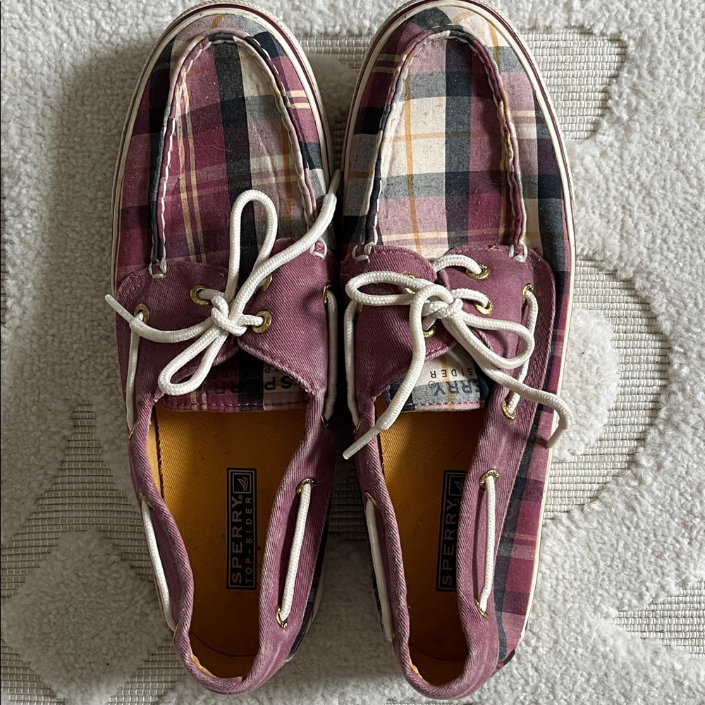Sperry Mauve Purple Blue Plaid Canvas Boat Shoes with White Laces Sz 9